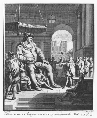 Master Janotus harangues Gargantua to give back the bells, illustration from 